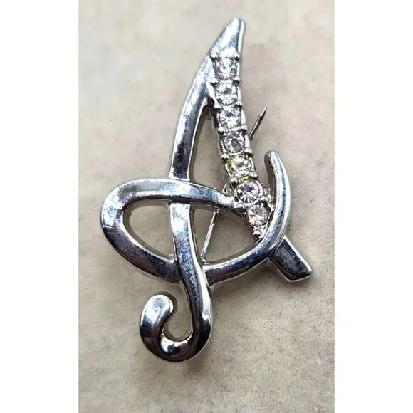 Cursive Rhinestone Initial Letter "A" Silver Tone Brooch Pin Script - Picture 1 of 2